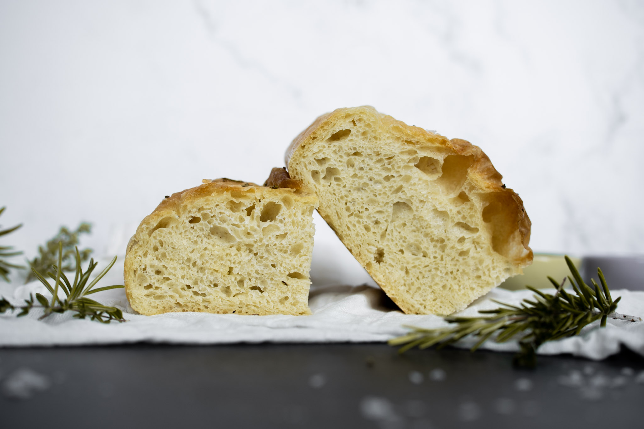 Cross section of Focaccia showcasing the internal structure